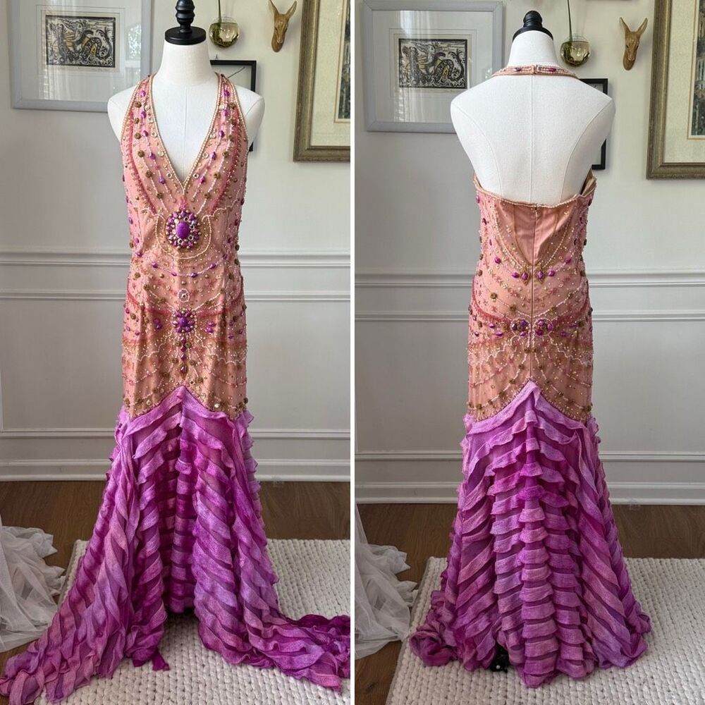 Sherry Haute Couture Halter Formal Gown Beaded Bling Blush Orchid $500 16